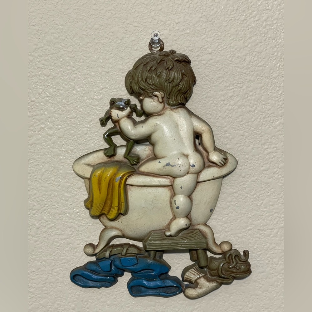 Vintage Sexton 1975 Boy & Frog in Bathtub Cast Metal Wall Plaque Bath Time Decor